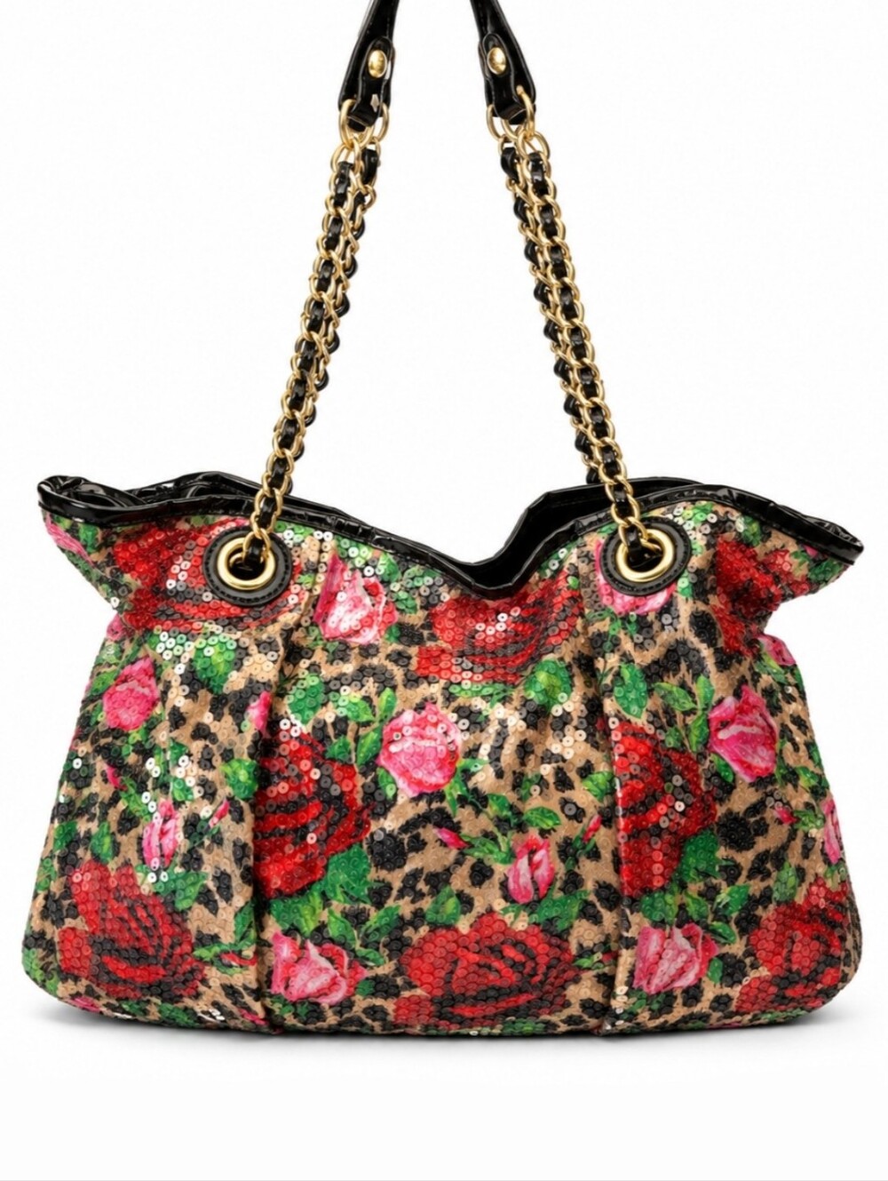 Betsey Johnson Y2K Sequin Leopard Rose Oversized Shoulder Bag